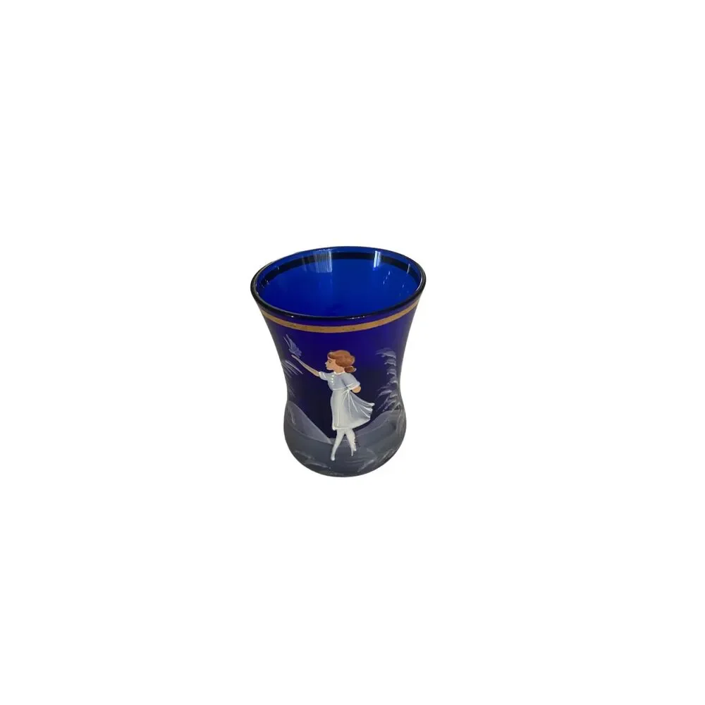 VTG Mary Gregory Style Cobalt Blue Hand Painted Cordial Glass Girl Butterfly
